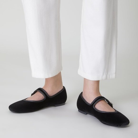 Trary Women's Black Velvet Square Toe Buckle Strap Ballet Mary Jane Shoes - Picture 5 of 6